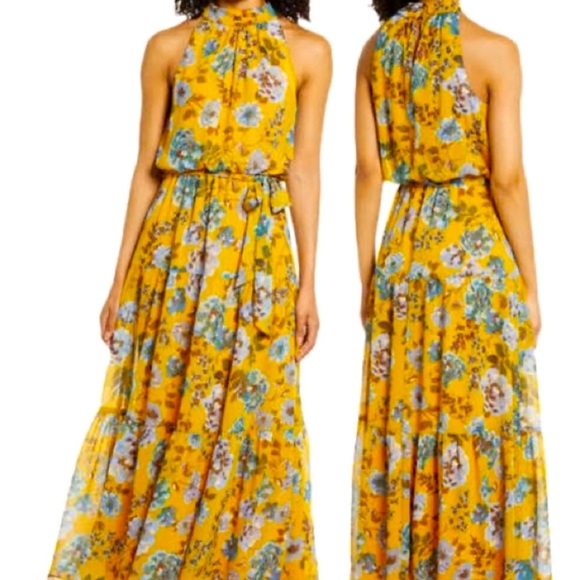 julia jordan Dresses & Skirts - JULIA JORDAN maxi dress mustard yellow blue floral tiered lined chiffon size 16